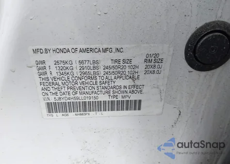2020 Acura Mdx Technology Package z USA, uszkodzony, nr VIN 5J8YD4H59LL019150